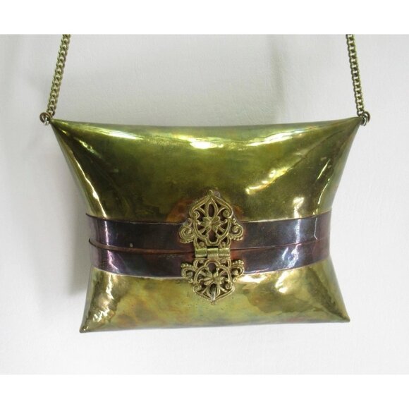 Vtg Brass Pillow Purse Square Copper Art Deco Handbag Chain Shoulder Strap Latch - Picture 2 of 15